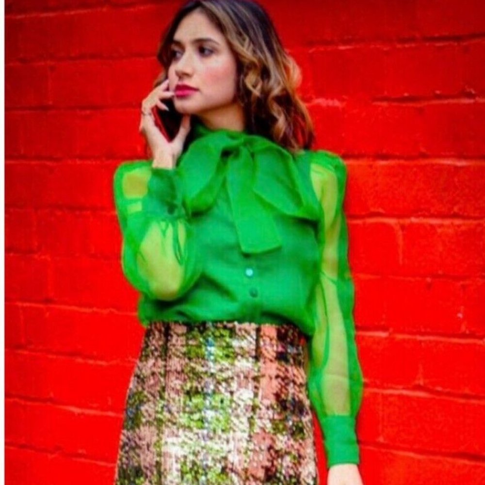 NWT ZARA Organza Blouse Top Semi-Sheer Green - Picture 13 of 16